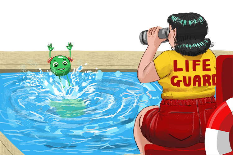 At the swimming pool a pea was seen (piscine) jumping in by the lifeguard.